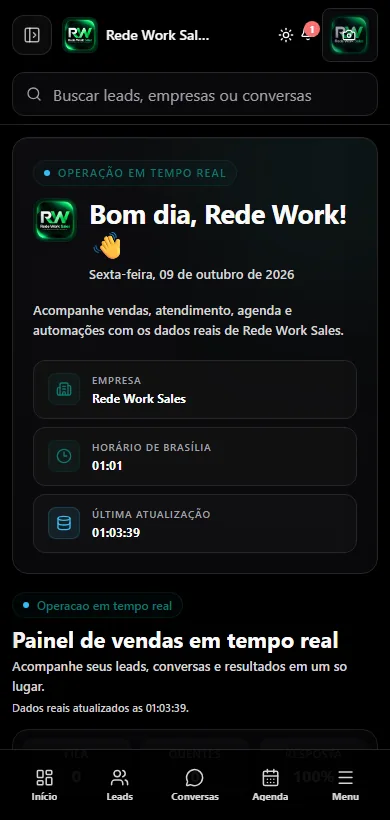 Tela real da Rede Work Sales no celular com visão comercial, agenda e indicadores